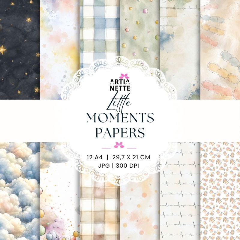 Little Moments Papers – zestaw 12 pastelowych papierów cyfrowych A4 z akwarelowymi wzorami, chmurami, kratką i gwiazdkami