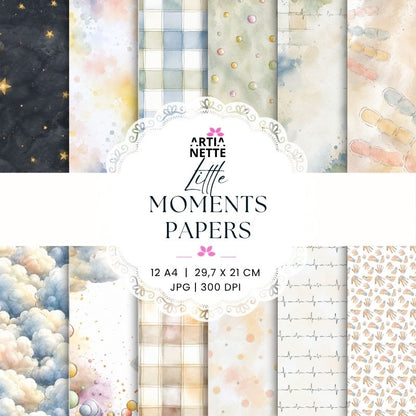 Little Moments Papers – zestaw 12 pastelowych papierów cyfrowych A4 z akwarelowymi wzorami, chmurami, kratką i gwiazdkami