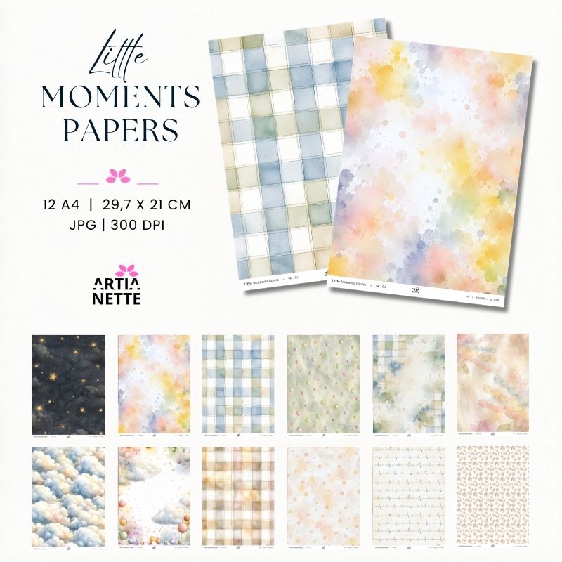 Little Moments Papers – zestaw 12 pastelowych papierów cyfrowych A4 z akwarelowymi wzorami, chmurami, kratką i gwiazdkami