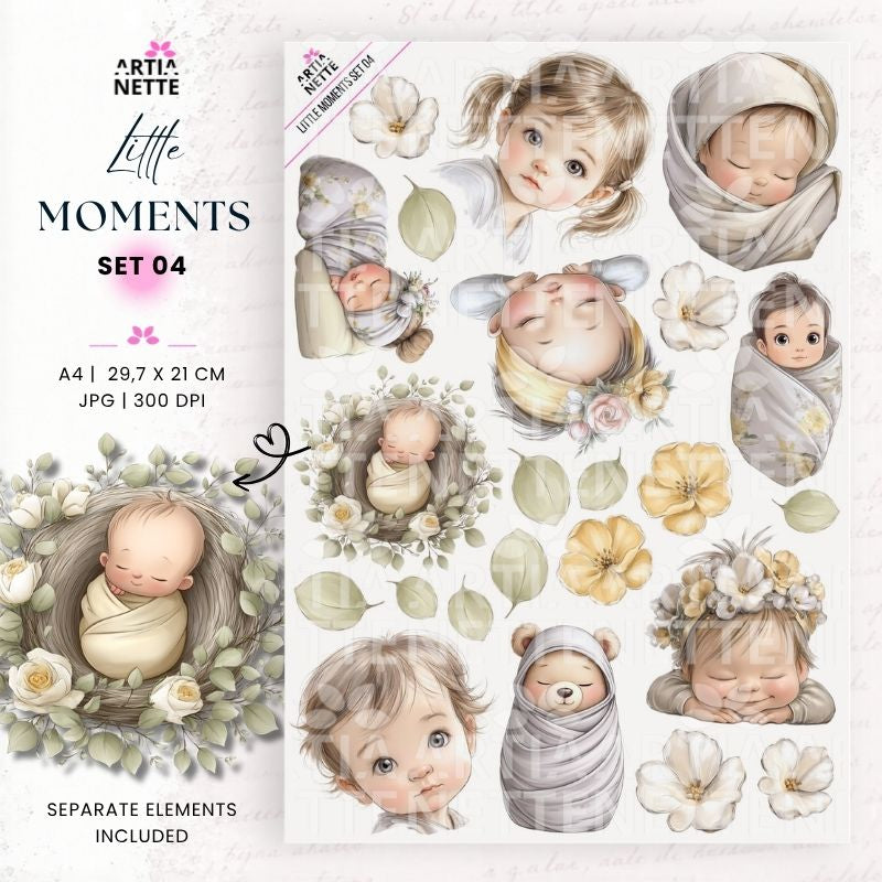 Little Moments Set 04 – grafiki PNG z noworodkami, niemowlętami, becikami i kwiatami
