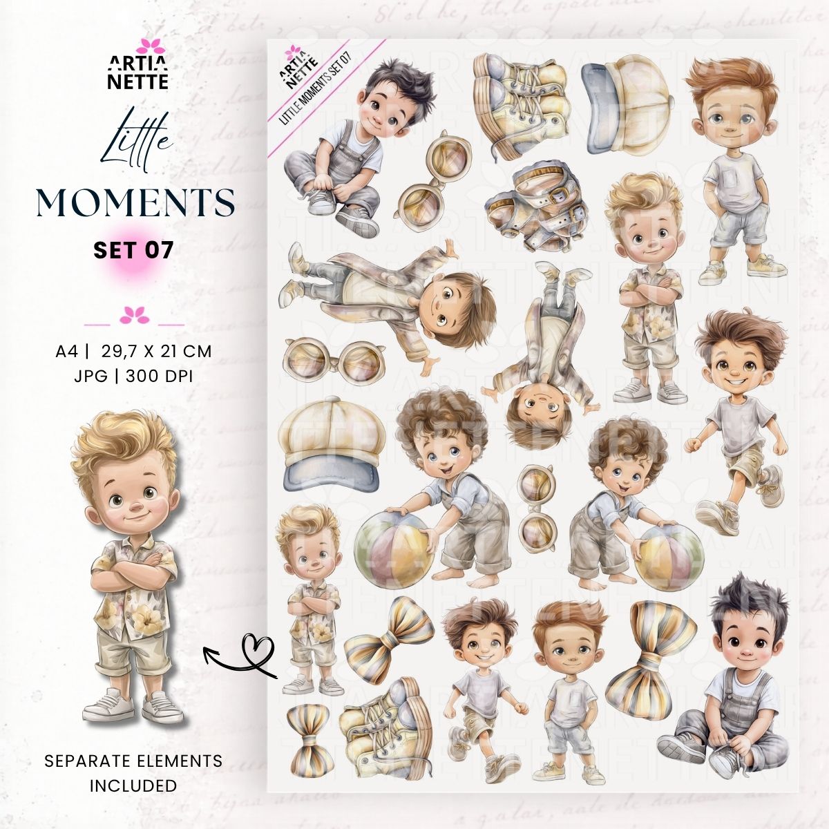 Little Moments Set 07 – grafiki PNG z małymi chłopcami, piłką, czapkami, butami, okularami i kokardami