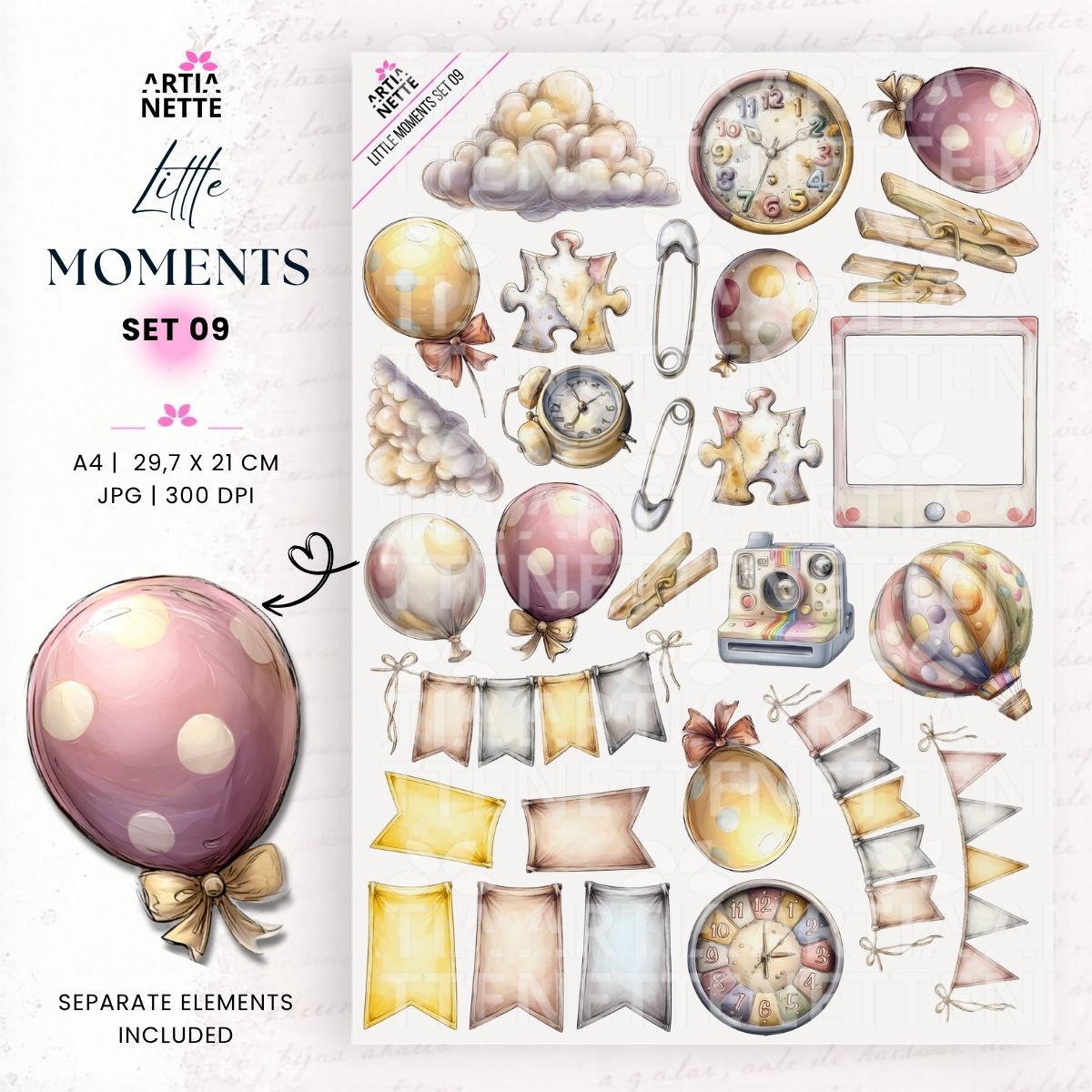 Little Moments Set 09 – pastelowe grafiki PNG z balonami, girlandami, chorągiewkami, zegarami i dekoracjami na przyjęcie