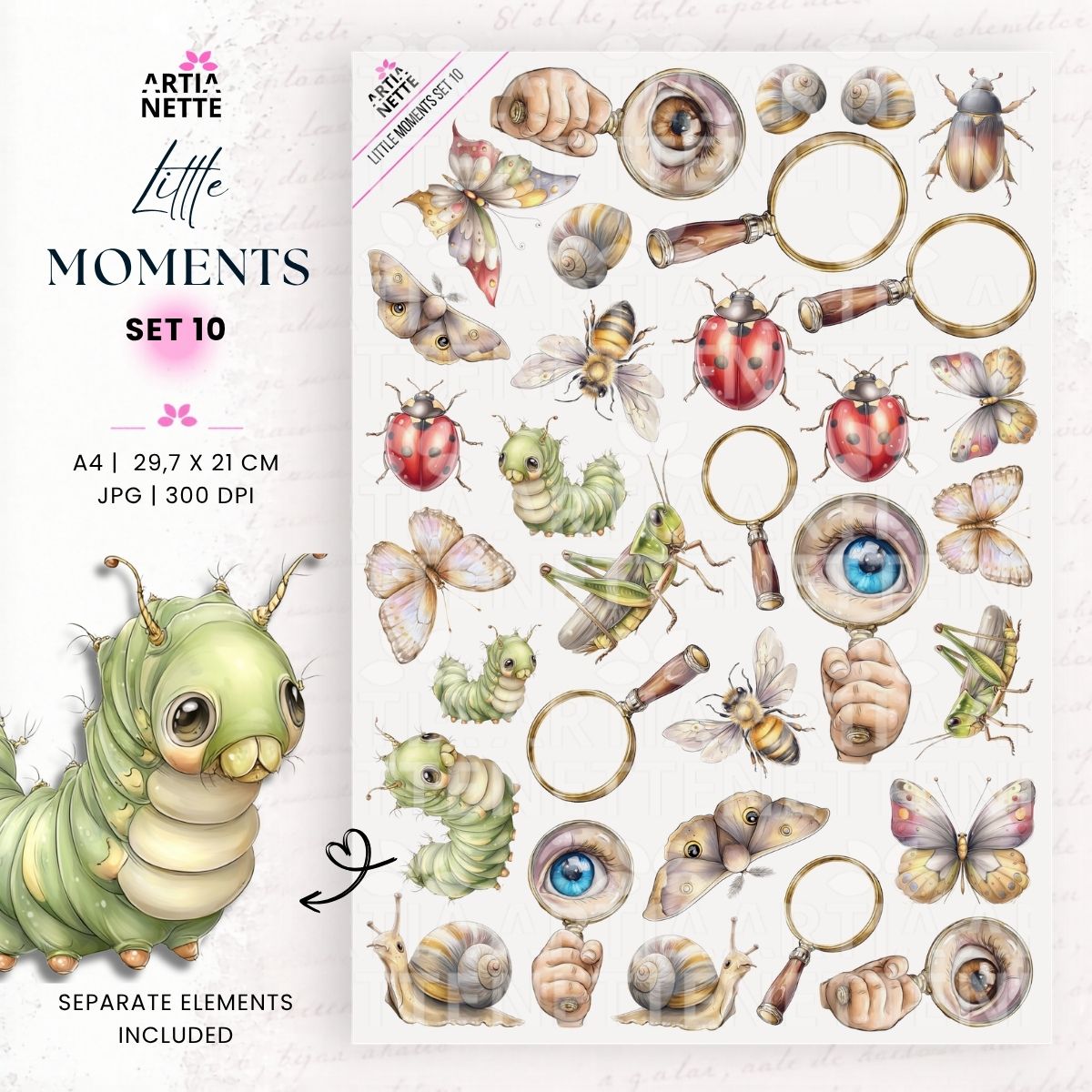 Little Moments Set 10 – grafiki PNG z owadami, gąsienicami, motylami, biedronkami, pszczołami, ślimakami, lupami i arkuszem A4 do wycinania