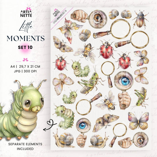 Little Moments Set 10 – grafiki PNG z owadami, gąsienicami, motylami, biedronkami, pszczołami, ślimakami, lupami i arkuszem A4 do wycinania