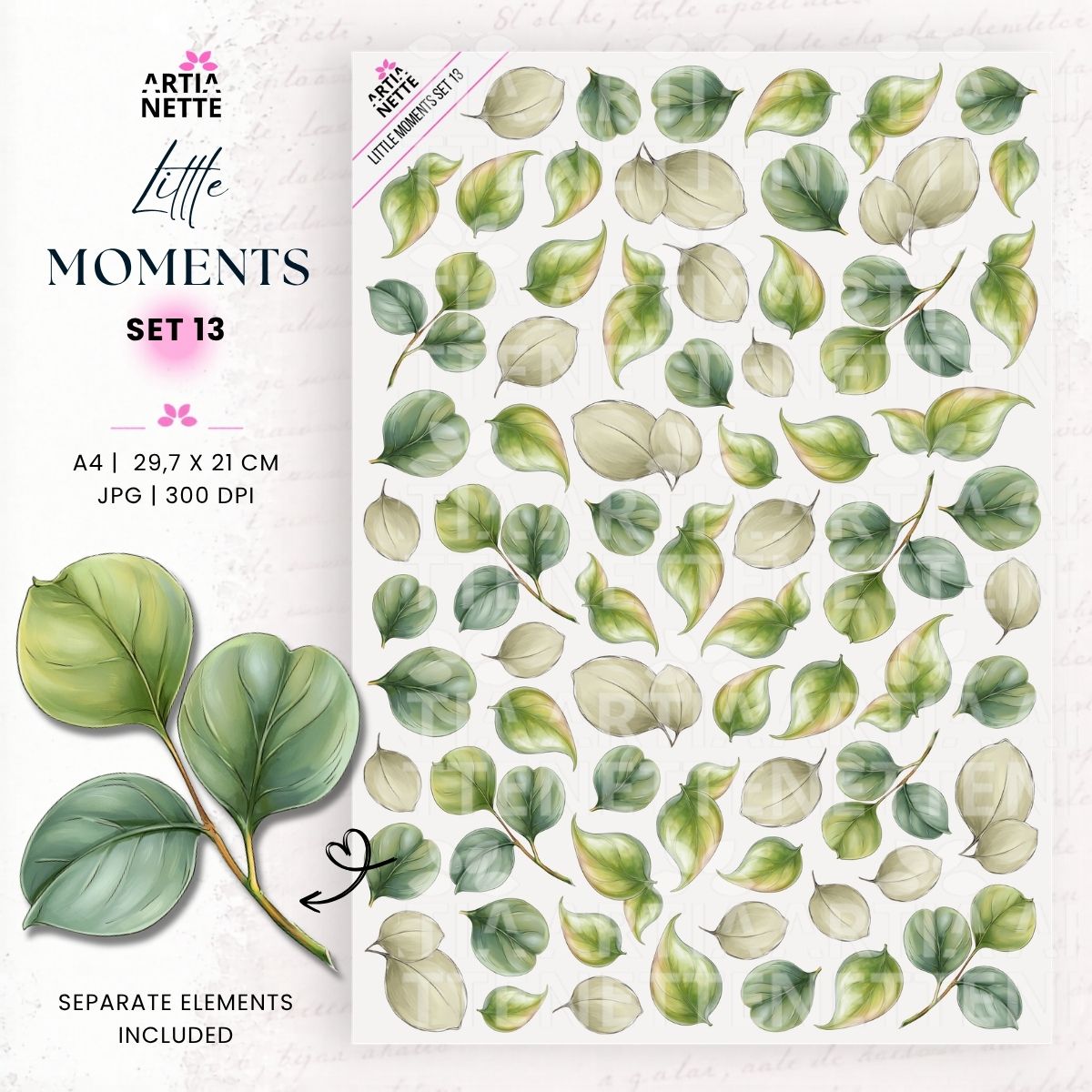 Little Moments Set 13 – grafiki PNG z zielonymi liśćmi i gałązkami w pastelowych odcieniach