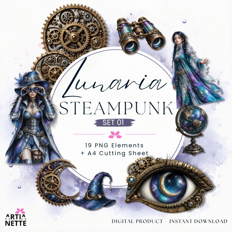 Steampunkowe grafiki fantasy PNG z czarodziejkami, kołami zębatymi, lornetką, magicznym okiem i księżycem do scrapbookingu