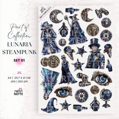 Steampunkowe grafiki fantasy PNG z czarodziejkami, kołami zębatymi, lornetką, magicznym okiem i księżycem do scrapbookingu