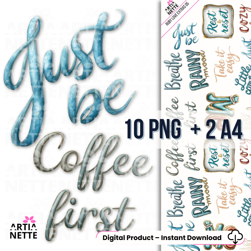 Napisy kawowe do scrapbookingu i art journala. Zestaw zawiera 10 grafik PNG oraz 2 arkusze A4 z dekoracyjną typografią w klimacie coffee time.