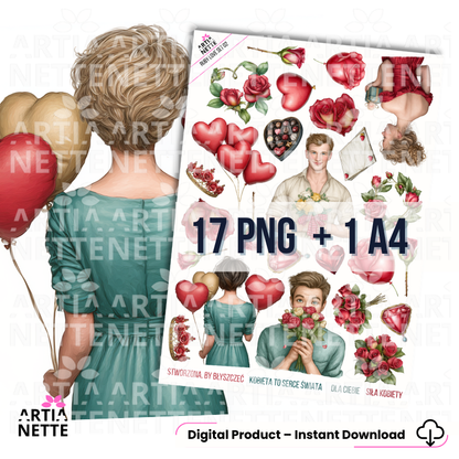 Ruby Love SET 02 – grafiki PNG na Dzień Kobiet z różami, balonami sercami i motywem miłosnym, 17 elementów i arkusz A4