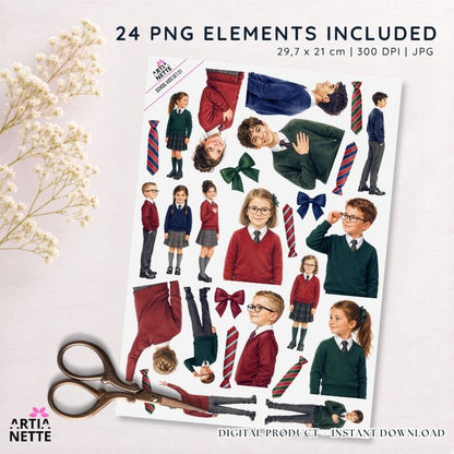 Dzieci szkolne do scrapbookingu z klipartami PNG przedstawiającymi dziewczynki i chłopców w szkolnych mundurkach