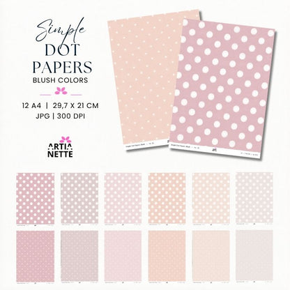Simple Dot Papers Blush Colors – 12 pastelowych papierów A4 w groszki, różowe cyfrowe tła JPG 300 DPI do kartek, plannerów, albumów i projektów kreatywnych