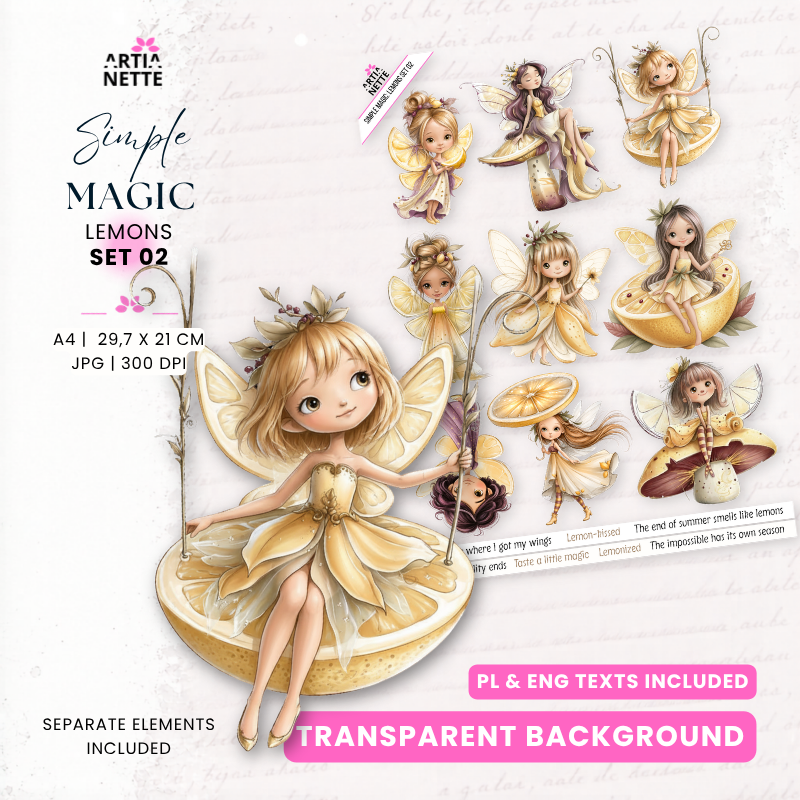 Simple Magic Lemons Set 02 – cytrynowe wróżki, magiczne postacie, cytryny i baśniowe ilustracje na arkuszu A4