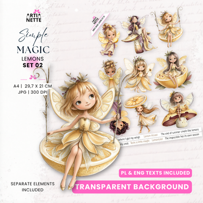 Simple Magic Lemons Set 02 – cytrynowe wróżki, magiczne postacie, cytryny i baśniowe ilustracje na arkuszu A4