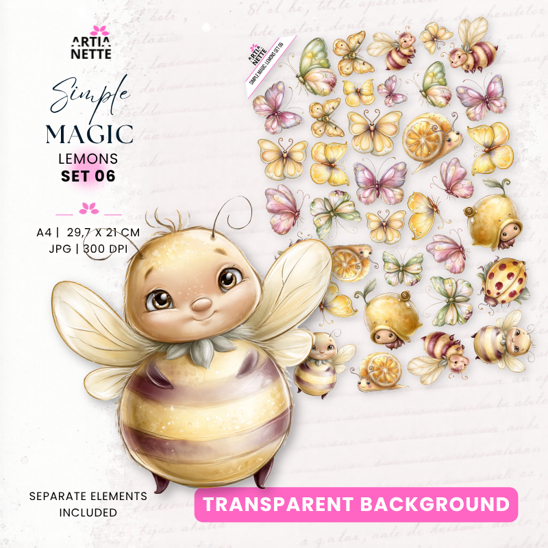 Simple Magic Lemons Set 06 – cytrynowe motyle, pszczółki, trzmiele i fantazyjne owady w żółtych, różowych, fioletowych i zielonych odcieniach