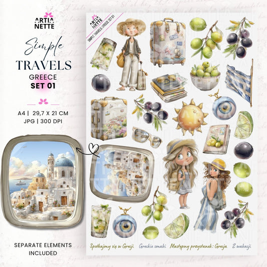 Greckie wakacje i podróżnicze ilustracje PNG z Santorini, walizkami, oliwkami i podróżniczkami – Simple Travels Greece Set 01