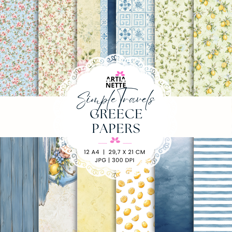 Simple Travels Greece Papers – 12 cyfrowych papierów A4 JPG 300 DPI, greckie wzory, kwiaty, cytryny, błękitne ornamenty i akwarelowe tła